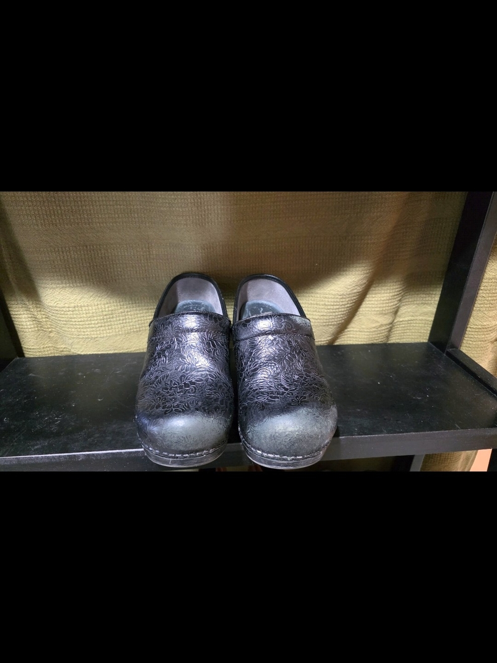 Dansko Black Floral-Embossed Leather Clogs